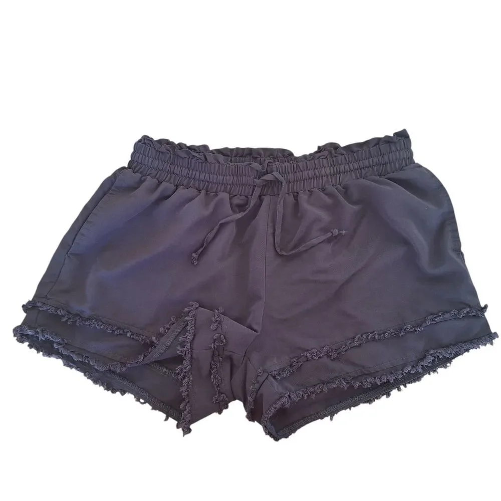 Day + Moon Shorts Black Distressed Hem Pockets Pull On Relaxed L